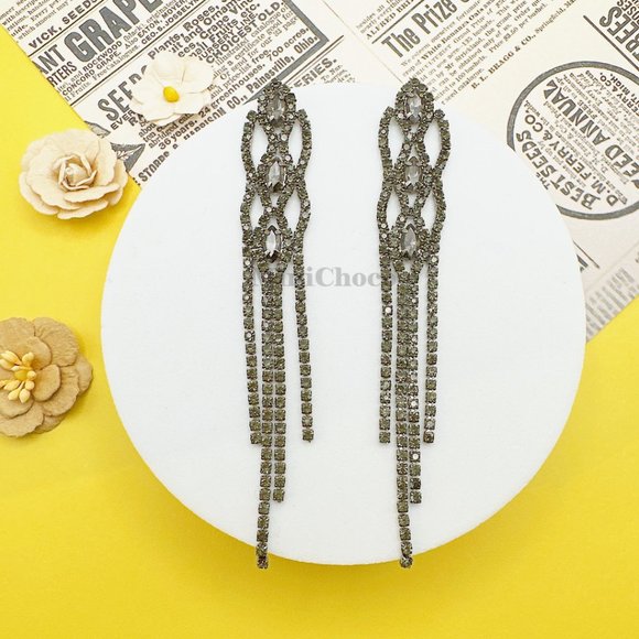 Black Rhinestone Art Decom Long Earrings - Picture 4 of 8